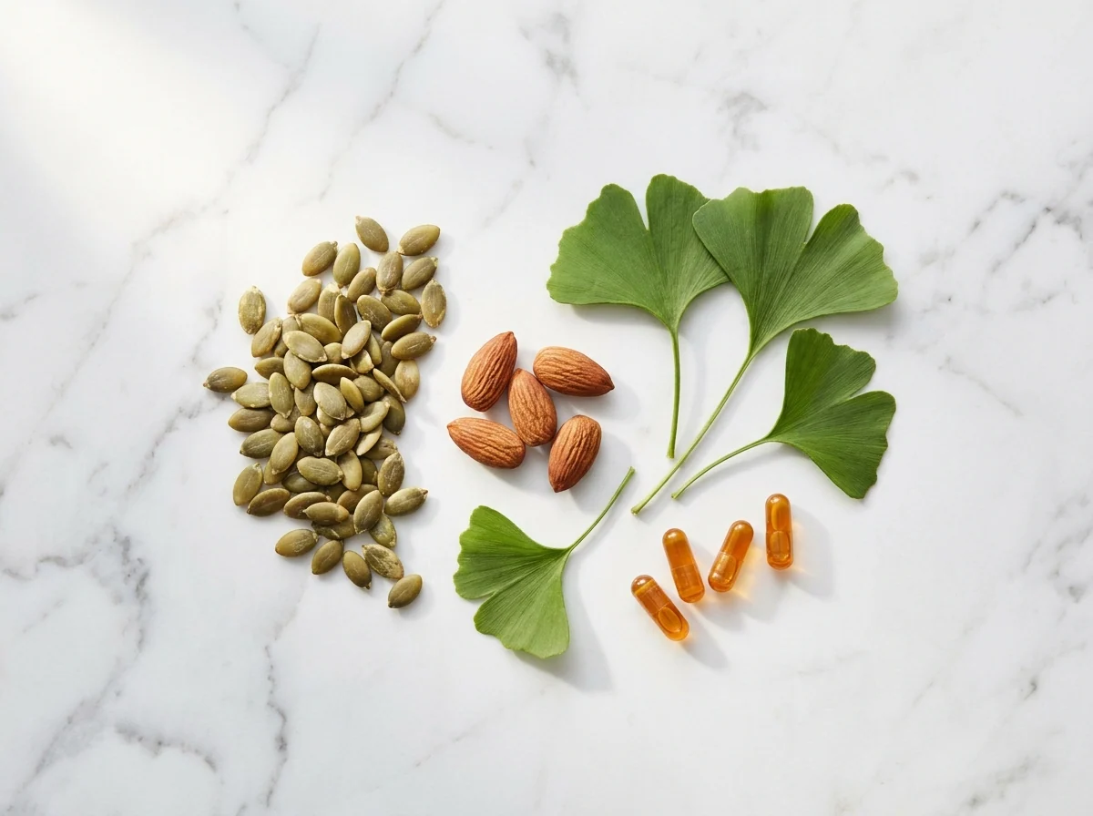 Zinc and magnesium for ear health - natural sources including pumpkin seeds, almonds and ginkgo leaves