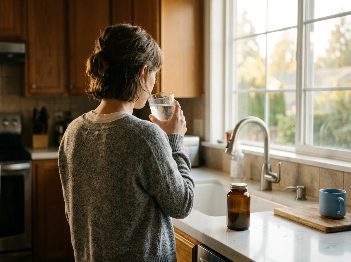 Morning wellness routine with supplement and glass of water